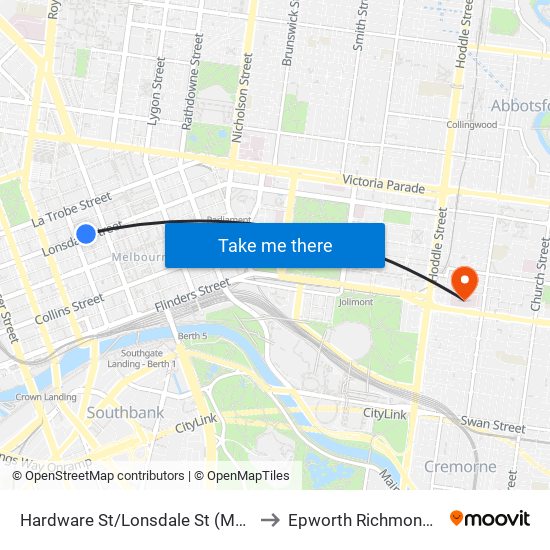 Hardware St/Lonsdale St (Melbourne City) to Epworth Richmond Hospital map