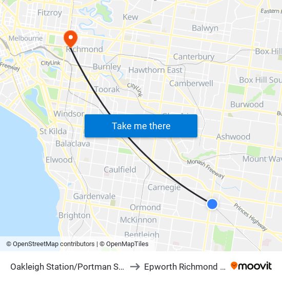 Oakleigh Station/Portman St (Oakleigh) to Epworth Richmond Hospital map