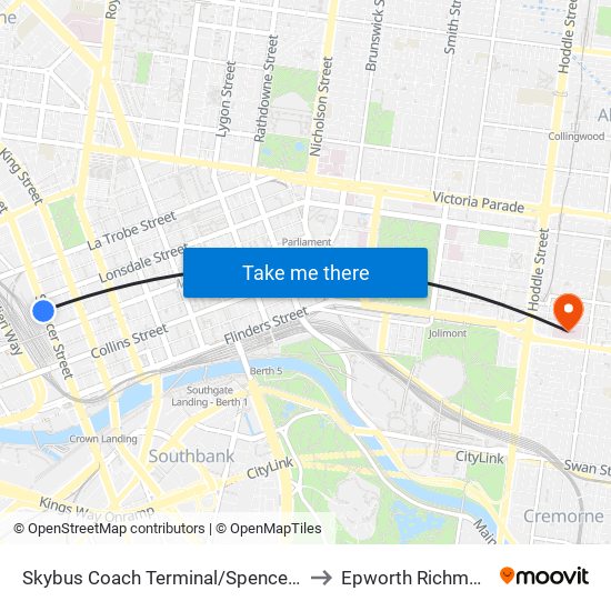 Skybus Coach Terminal/Spencer St (Melbourne City) to Epworth Richmond Hospital map