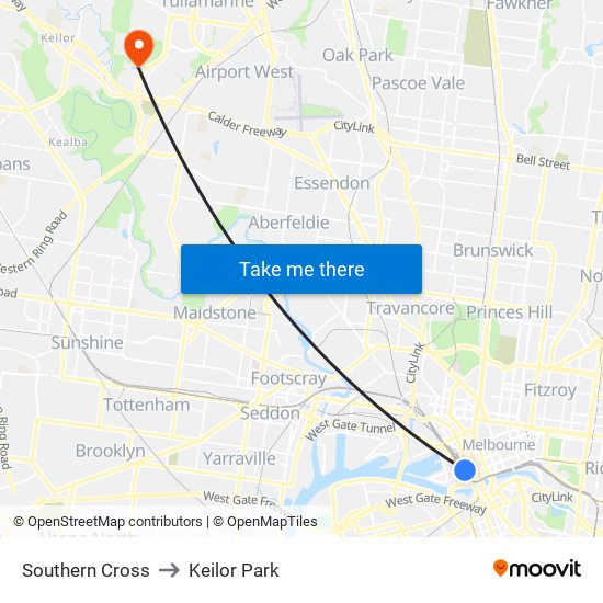Southern Cross to Keilor Park map