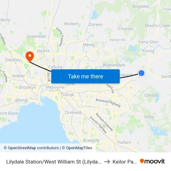 Lilydale Station/West William St to Keilor Park map