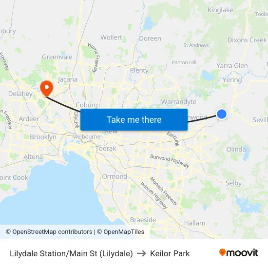 Lilydale Station/Main St to Keilor Park map