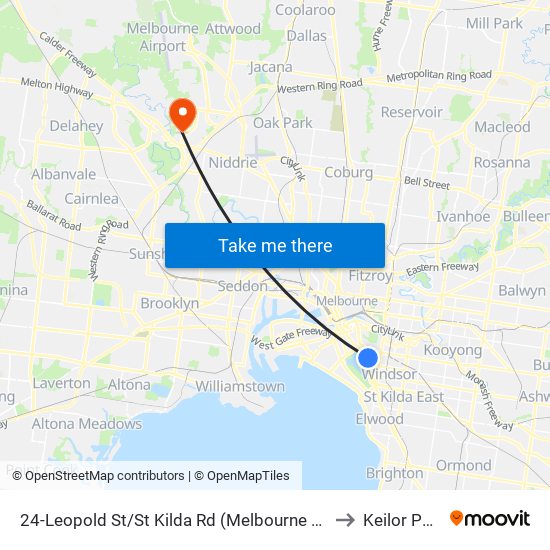 24-Leopold St/St Kilda Rd (Melbourne City) to Keilor Park map