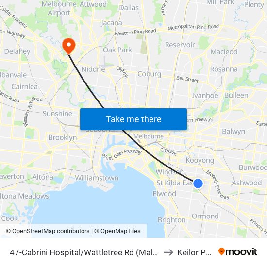 47-Cabrini Hospital/Wattletree Rd (Malvern) to Keilor Park map