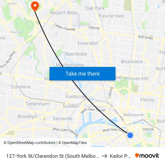 127-York St/Clarendon St (South Melbourne) to Keilor Park map