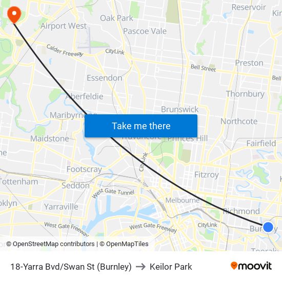 18-Yarra Bvd/Swan St (Burnley) to Keilor Park map