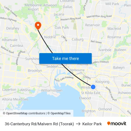 Canterbury Rd/Malvern Rd #36 to Keilor Park map