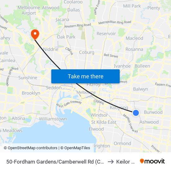 50-Fordham Gardens/Camberwell Rd (Camberwell) to Keilor Park map