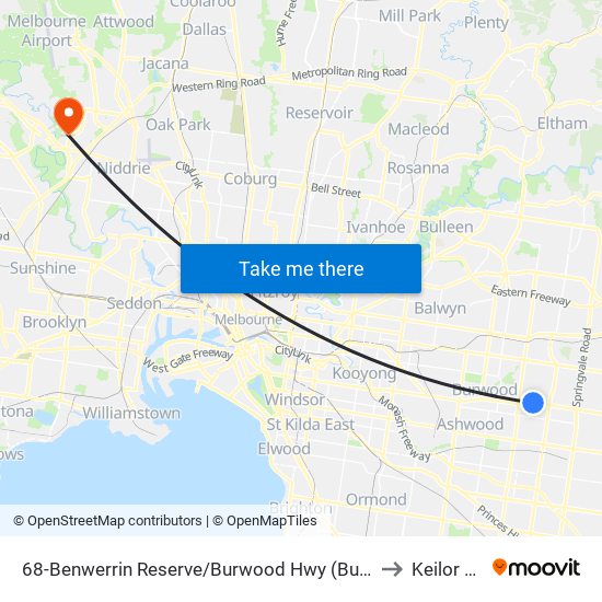 68-Benwerrin Reserve/Burwood Hwy (Burwood East) to Keilor Park map