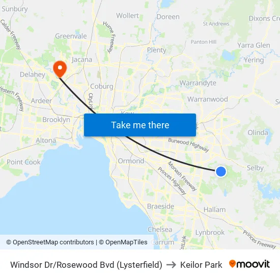 Windsor Dr/Rosewood Bvd to Keilor Park map