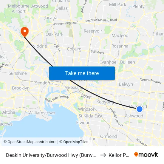 Deakin University/Burwood Hwy to Keilor Park map