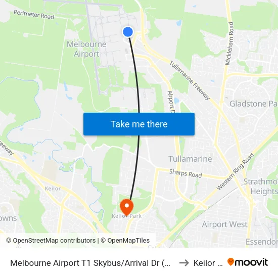 Melbourne Airport T1 Skybus/Arrival Dr to Keilor Park map