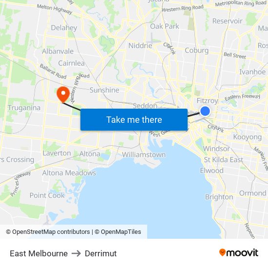 East Melbourne to Derrimut map