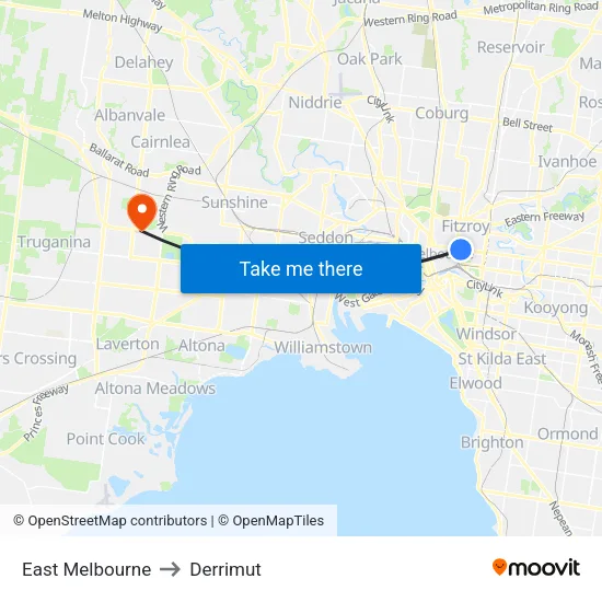 East Melbourne to Derrimut map