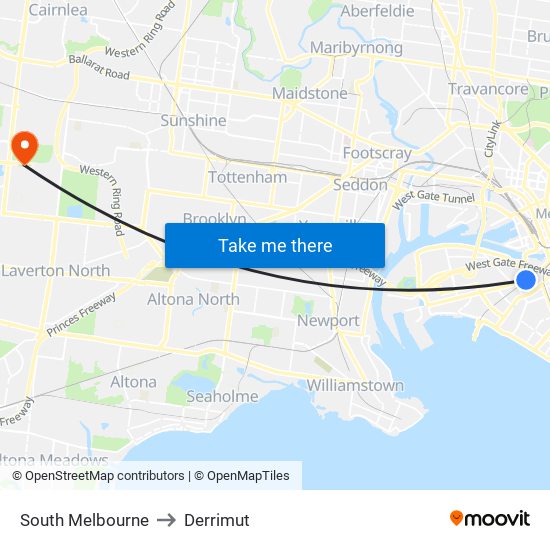 South Melbourne to Derrimut map