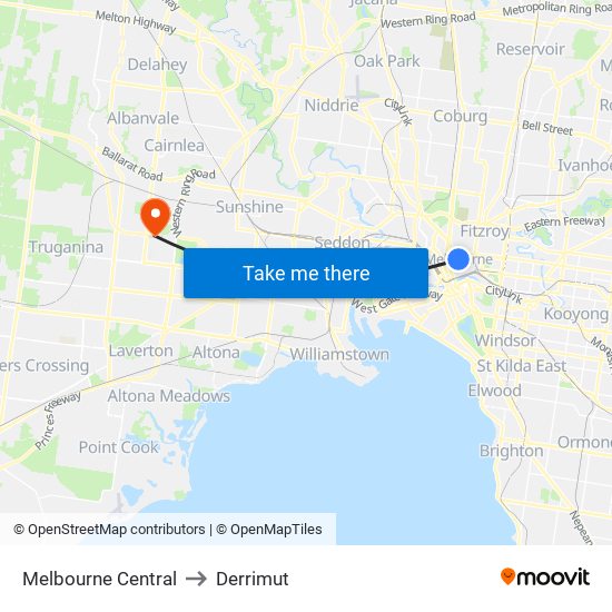 Melbourne Central to Derrimut map