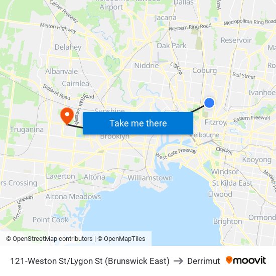 121-Weston St/Lygon St (Brunswick East) to Derrimut map