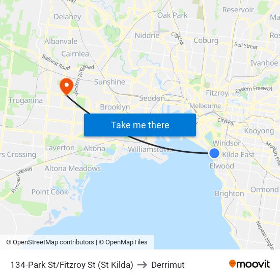 134-Park St/Fitzroy St (St Kilda) to Derrimut map