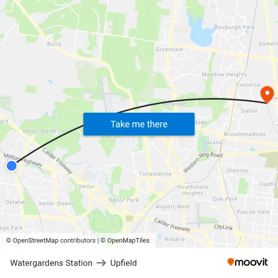 Watergardens Station to Upfield map