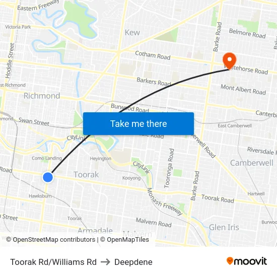 Toorak Rd/Williams Rd to Deepdene map