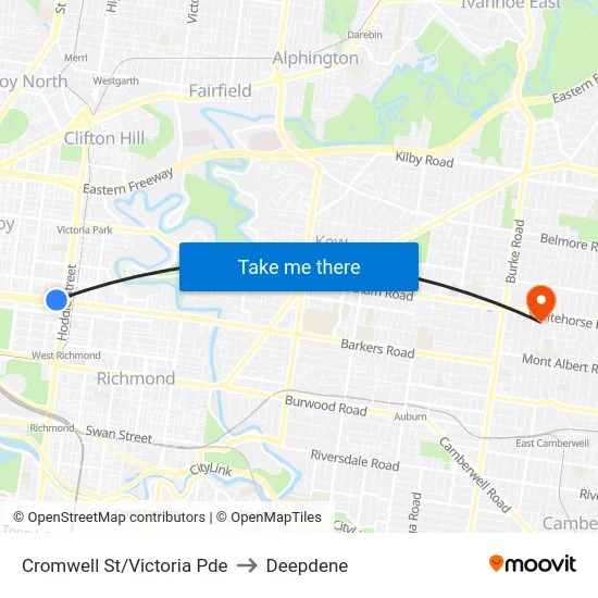 Cromwell St/Victoria Pde to Deepdene map