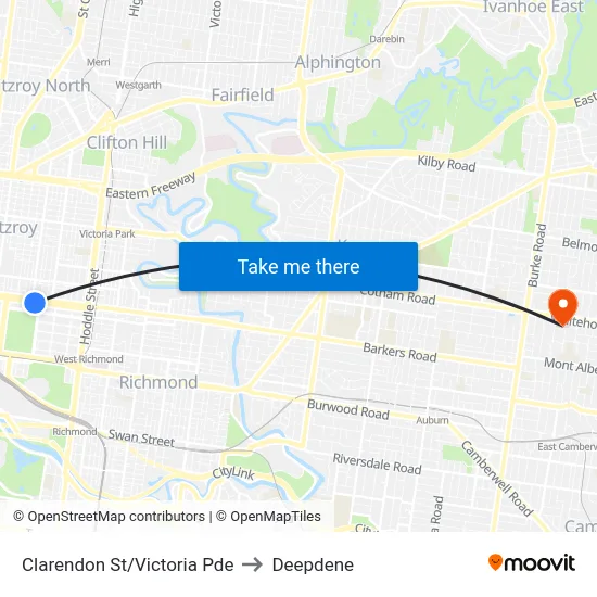 Clarendon St/Victoria Pde to Deepdene map