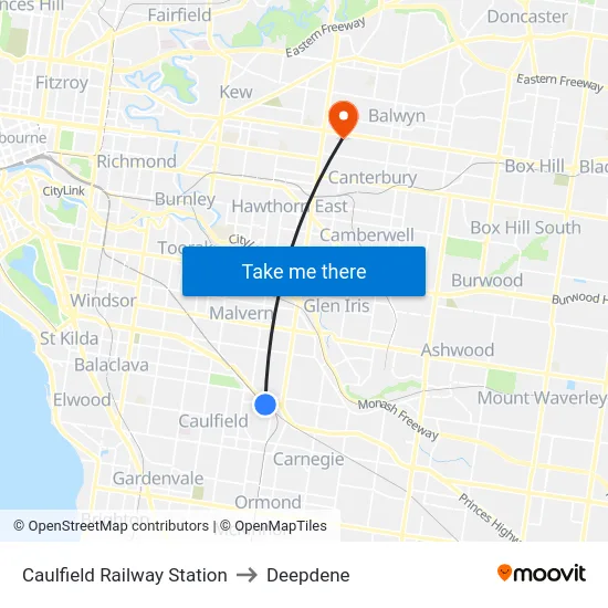 Caulfield Railway Station to Deepdene map