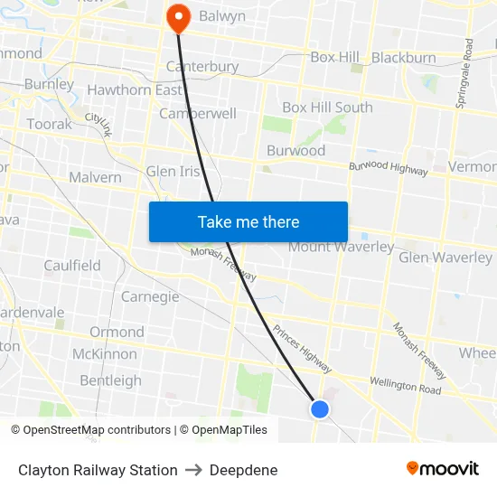 Clayton Railway Station to Deepdene map