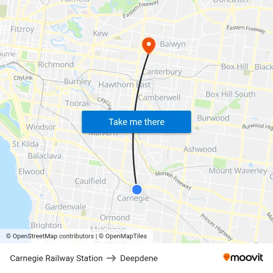 Carnegie Railway Station to Deepdene map
