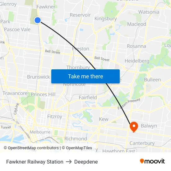 Fawkner Railway Station to Deepdene map