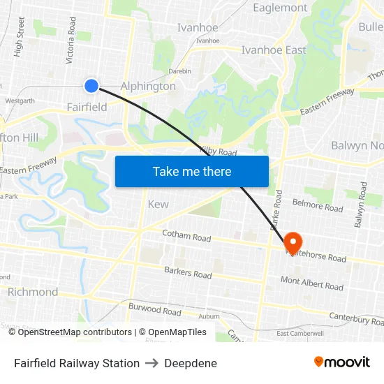 Fairfield Railway Station to Deepdene map
