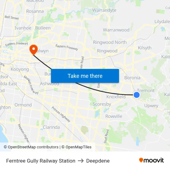 Ferntree Gully Railway Station to Deepdene map