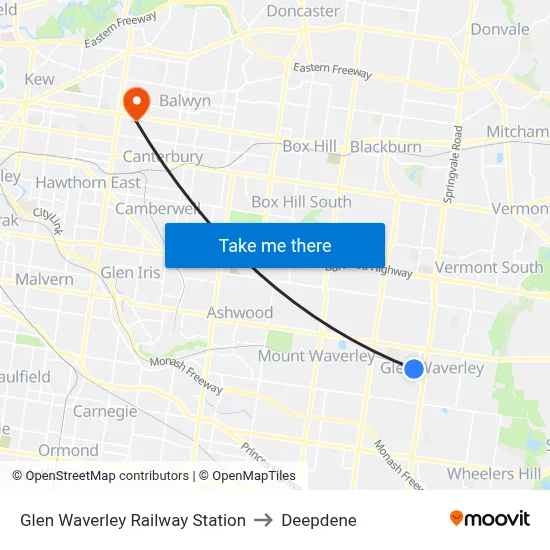 Glen Waverley Railway Station to Deepdene map