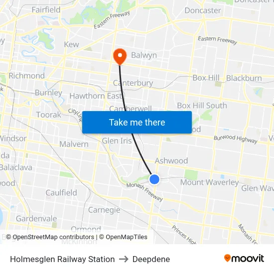 Holmesglen Railway Station to Deepdene map