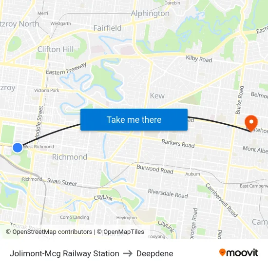 Jolimont-Mcg Railway Station to Deepdene map