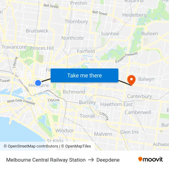Melbourne Central Railway Station to Deepdene map