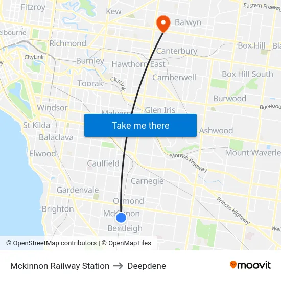 Mckinnon Railway Station to Deepdene map