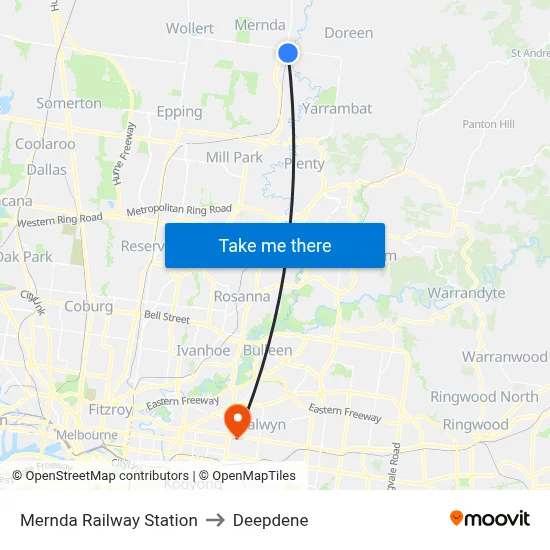 Mernda Railway Station to Deepdene map