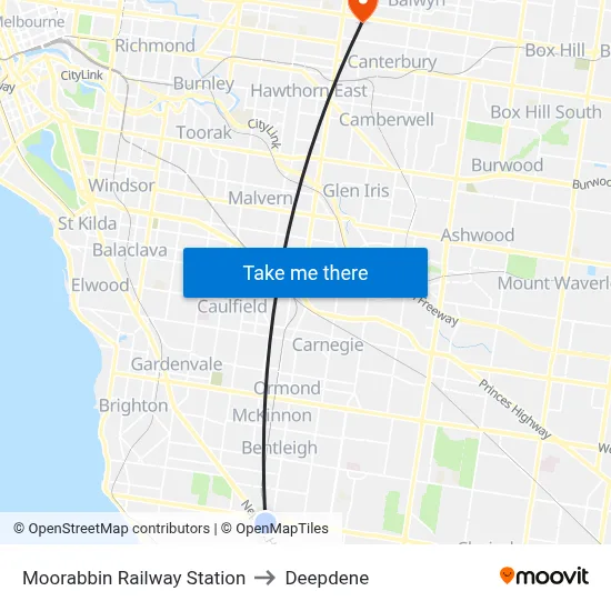Moorabbin Railway Station to Deepdene map