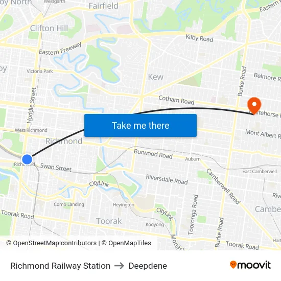 Richmond Railway Station to Deepdene map