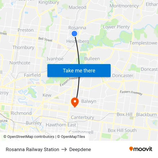 Rosanna Railway Station to Deepdene map