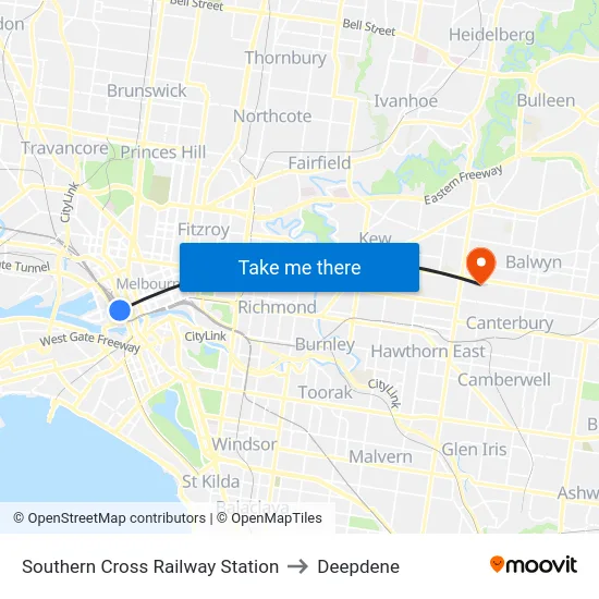 Southern Cross Railway Station to Deepdene map