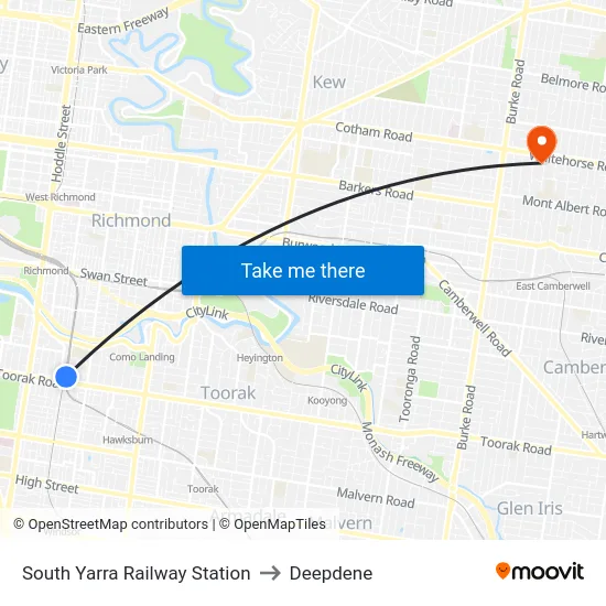 South Yarra Railway Station to Deepdene map