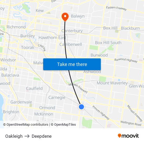 Oakleigh to Deepdene map