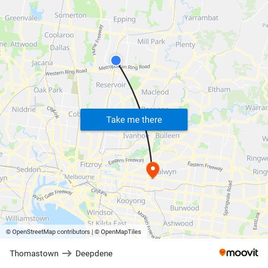 Thomastown to Deepdene map