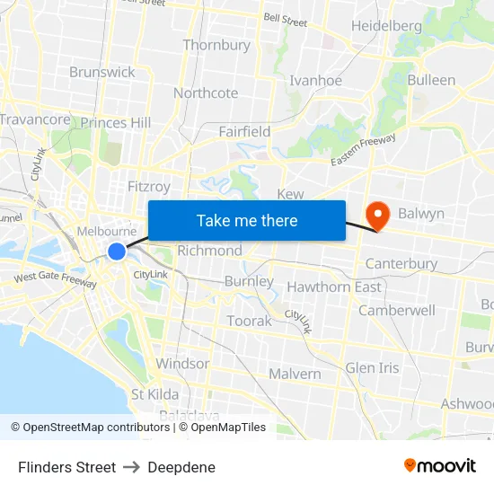 Flinders Street to Deepdene map