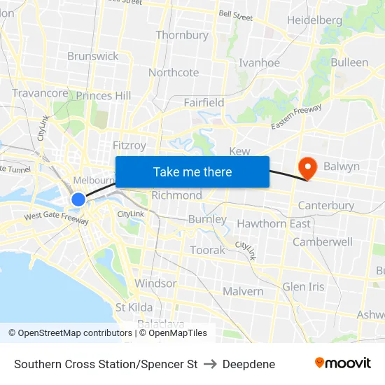 Southern Cross Station/Spencer St to Deepdene map