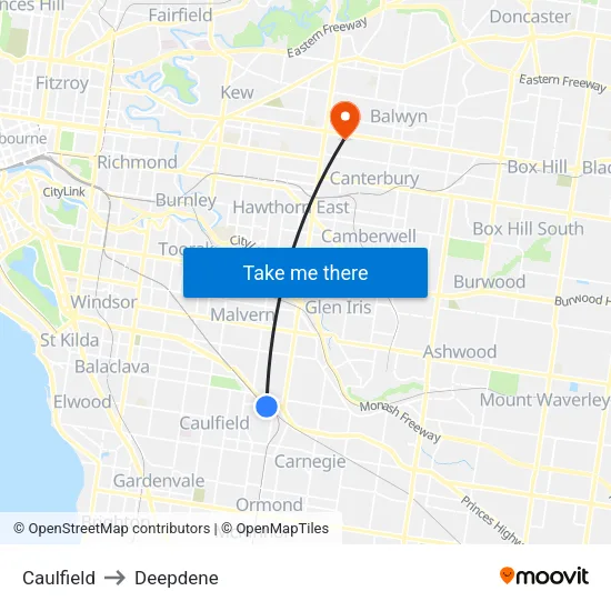 Caulfield to Deepdene map