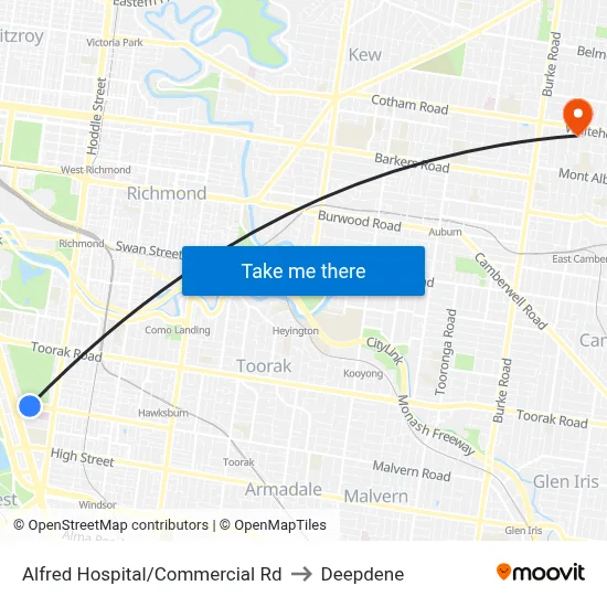 Alfred Hospital/Commercial Rd to Deepdene map