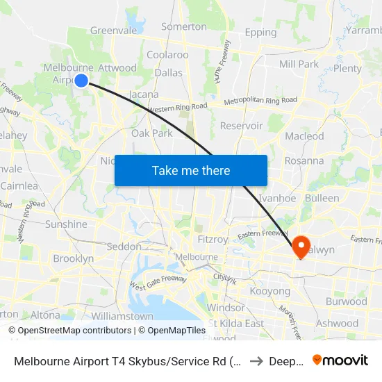 Melbourne Airport T4 Skybus/Service Rd to Deepdene map